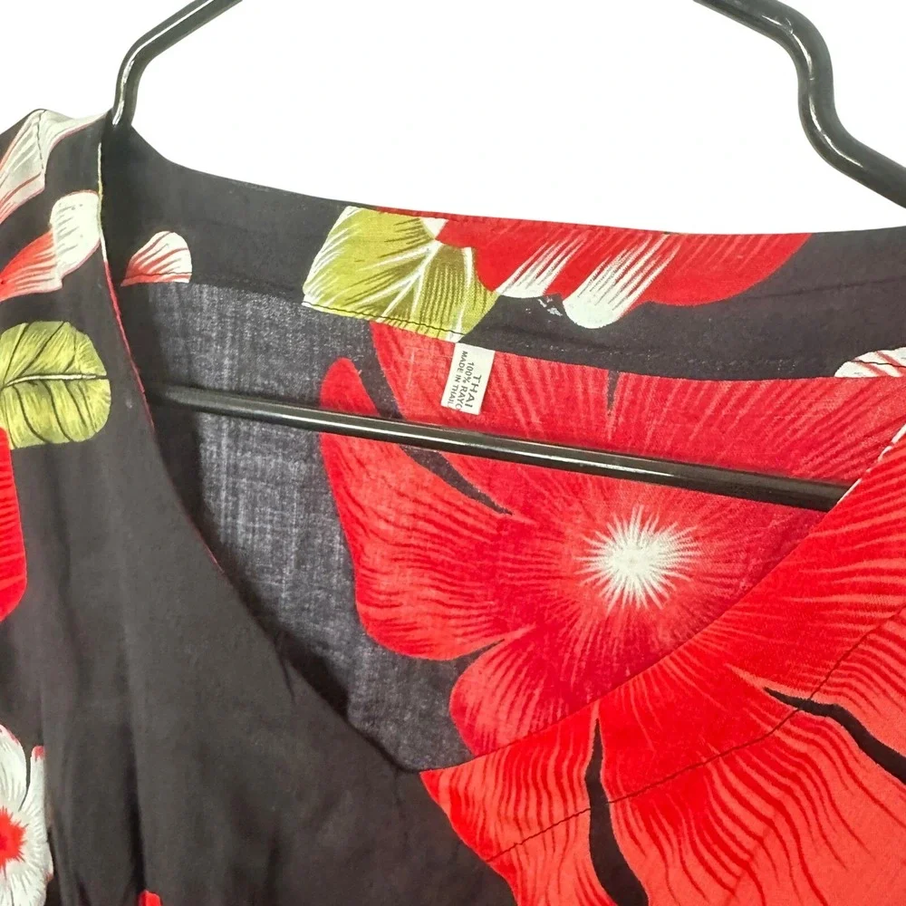 Thai Floral Kaftan Swimsuit Cover Up Black Red Hibiscus Smocked Waist One Size